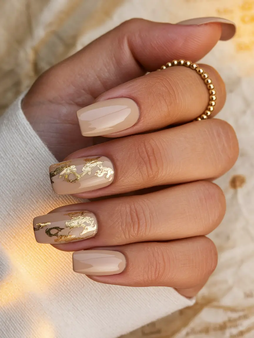 Trendy Gold Fall Nails 2025 Nude Sophistication with Gold Accents