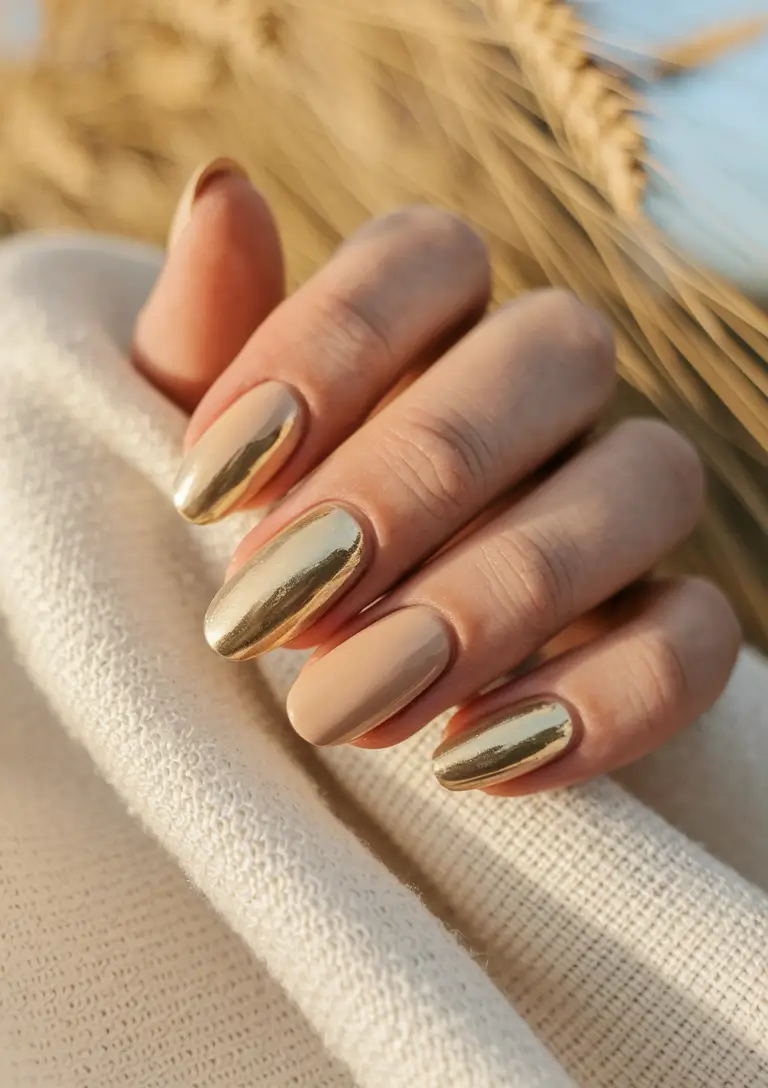 Trendy Gold Fall Nails 2025 Chrome Gold with Nude Balance