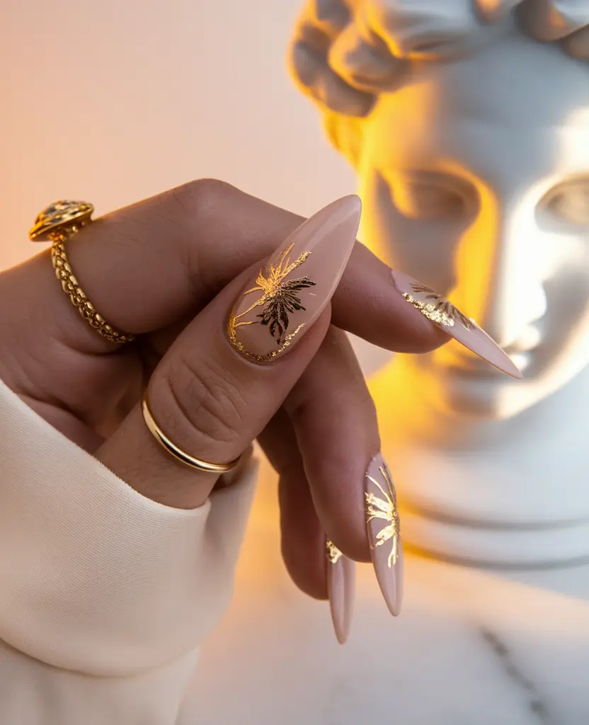 Trendy Gold Fall Nails 2025 Golden Floral on Nude Canvas