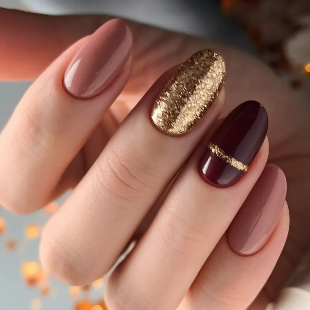 Trendy Gold Fall Nails 2025 Burgundy, Nude, and Glitter Fusion