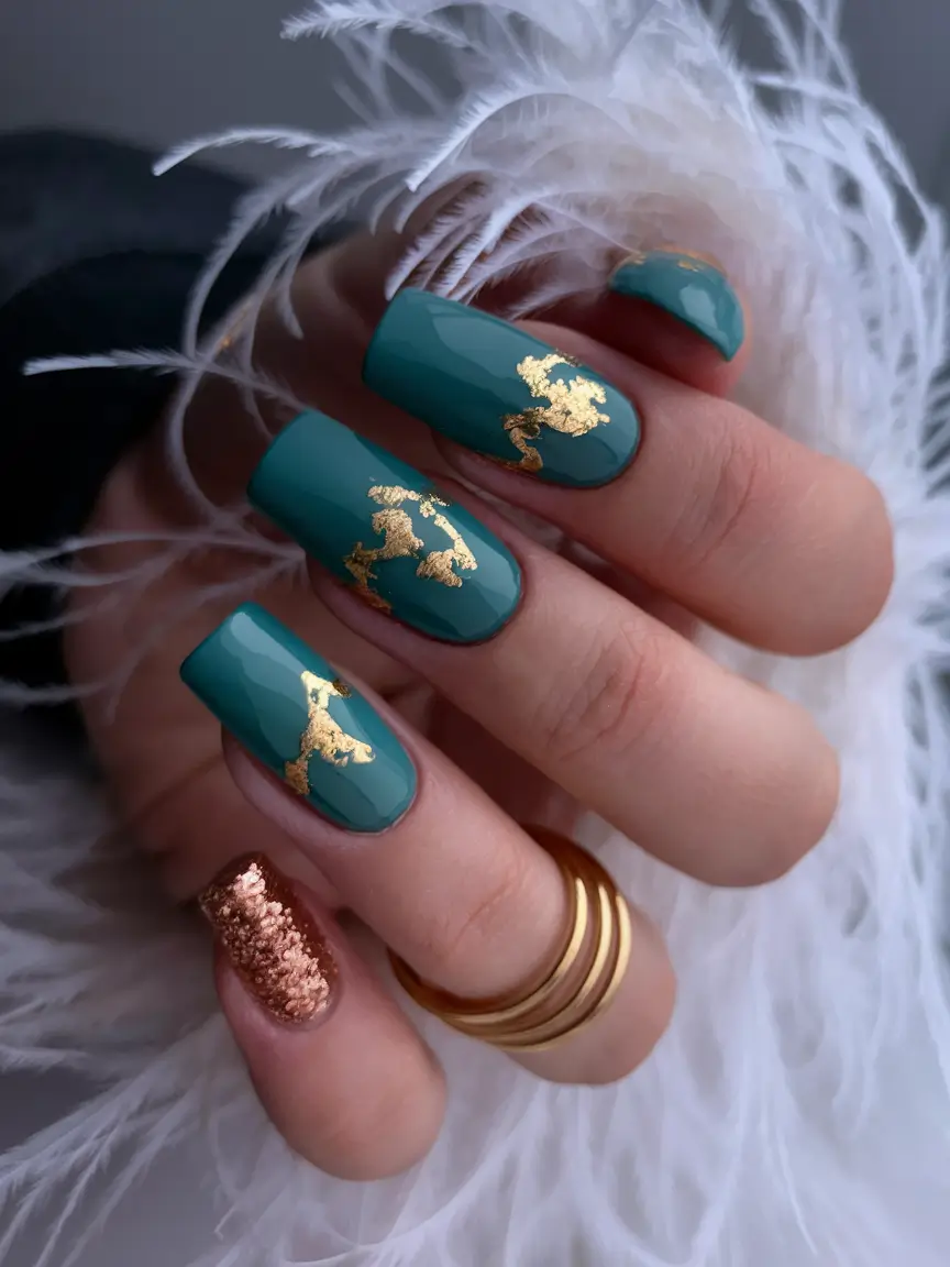 Trendy Gold Fall Nails 2025 Teal Depths with Golden Accents