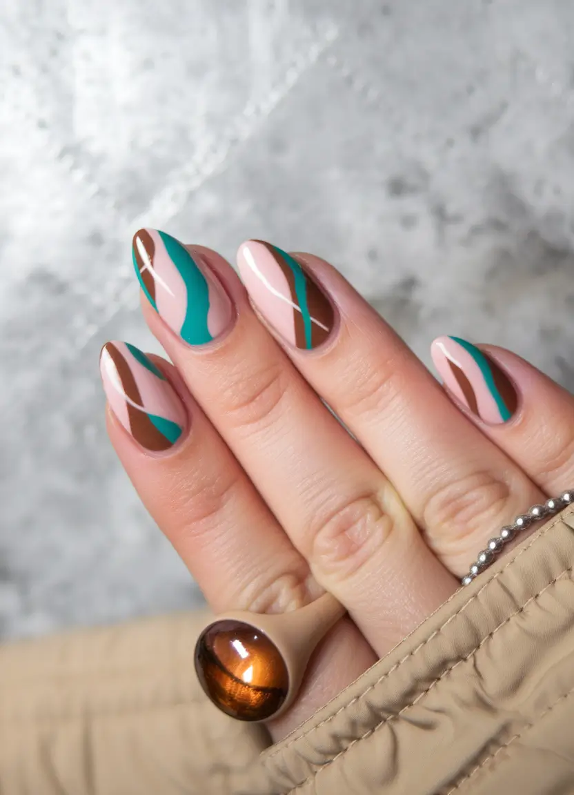 Trendy Round Fall Nails 2025 Abstract Waves with Earth and Teal