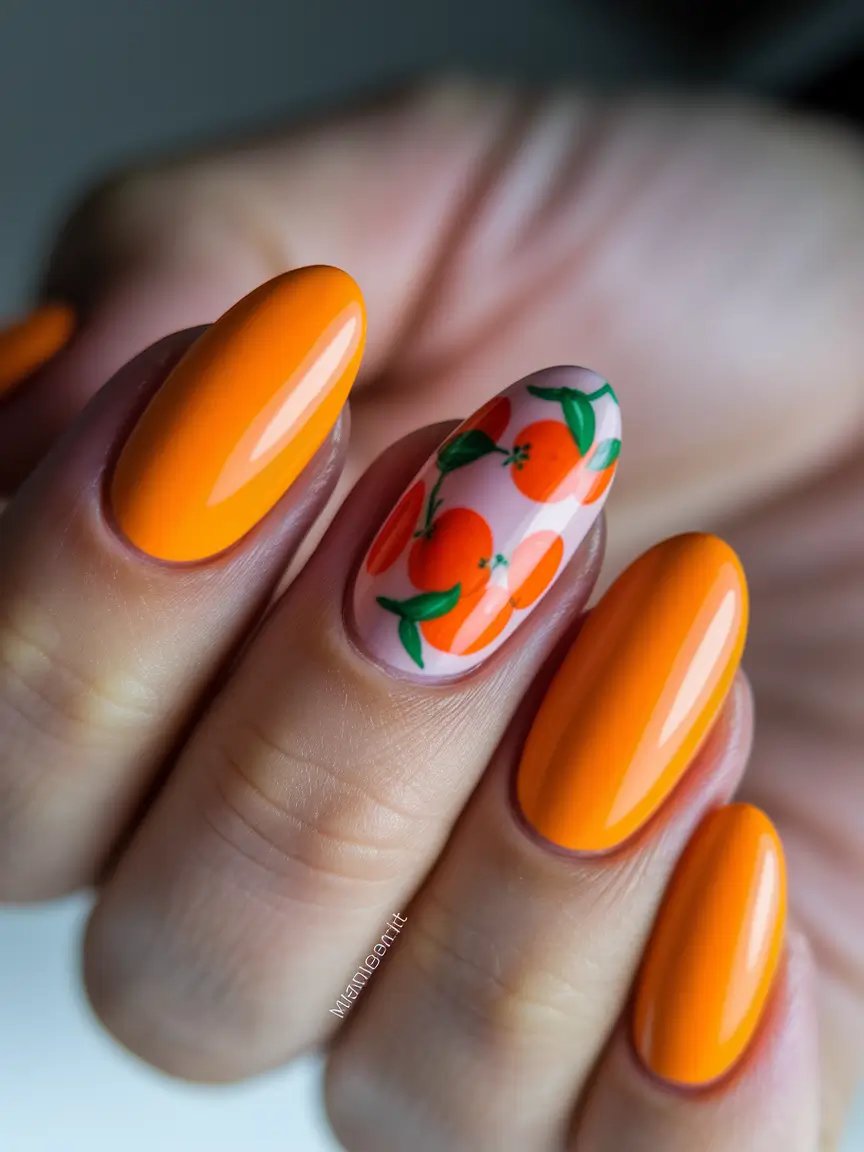 Trendy Round Fall Nails 2025 Juicy Tangerine with Hand-Painted Accents