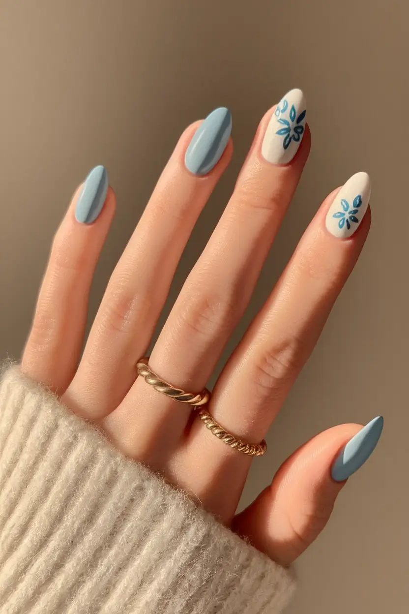 Trendy Round Fall Nails 2025 Powder Blue Blossoms