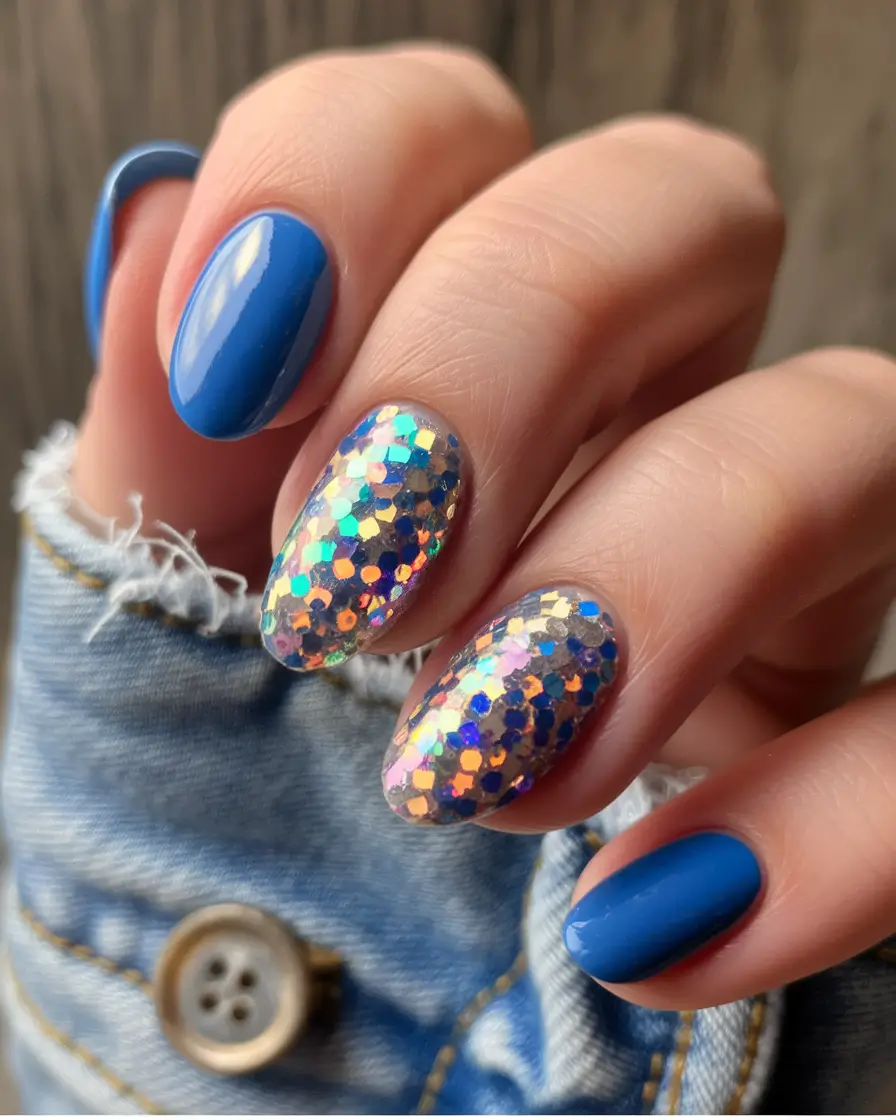 Trendy Round Fall Nails 2025 Disco Glitz Meets Denim Blue