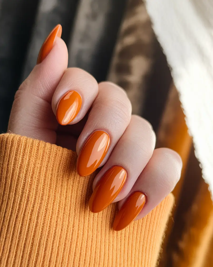 Trendy Round Fall Nails 2025 Burnt Maple Almonds