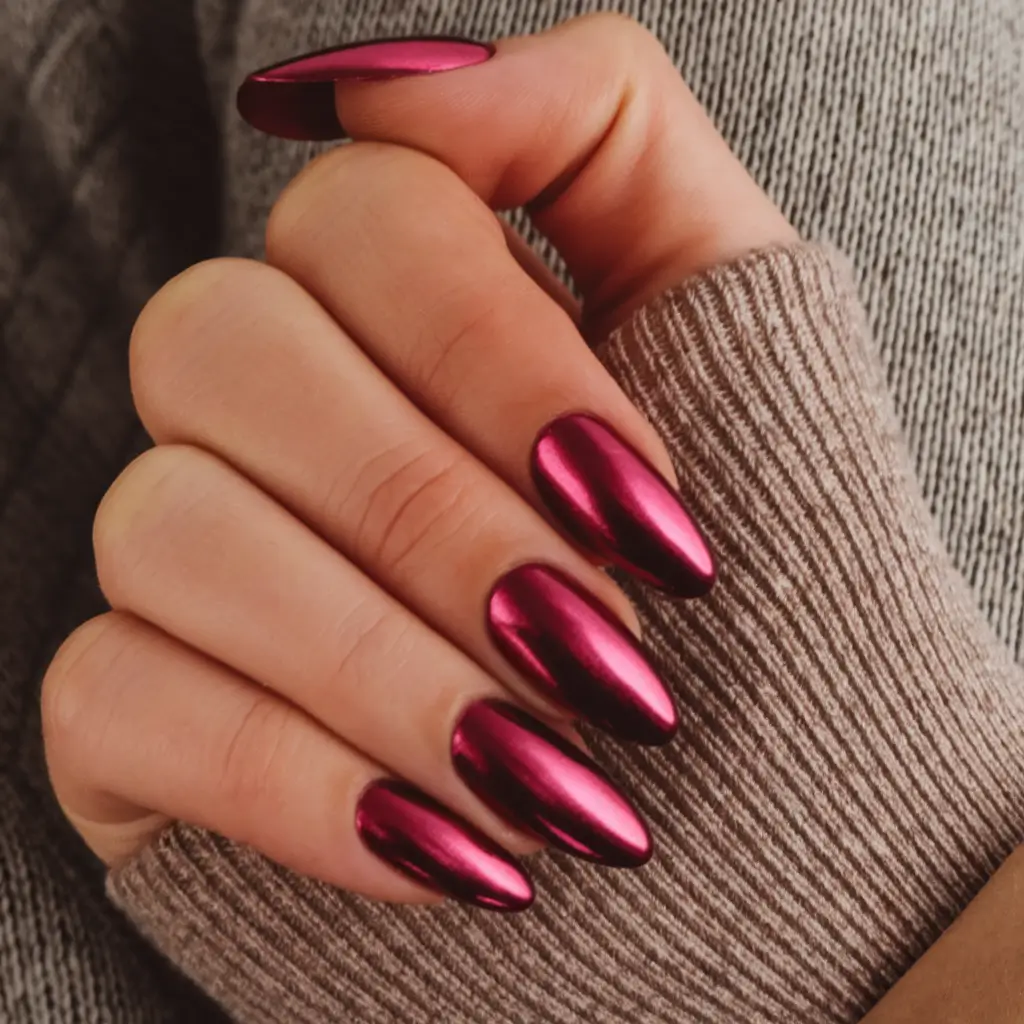 Trendy Round Fall Nails 2025 Metallic Burgundy Mirror Finish