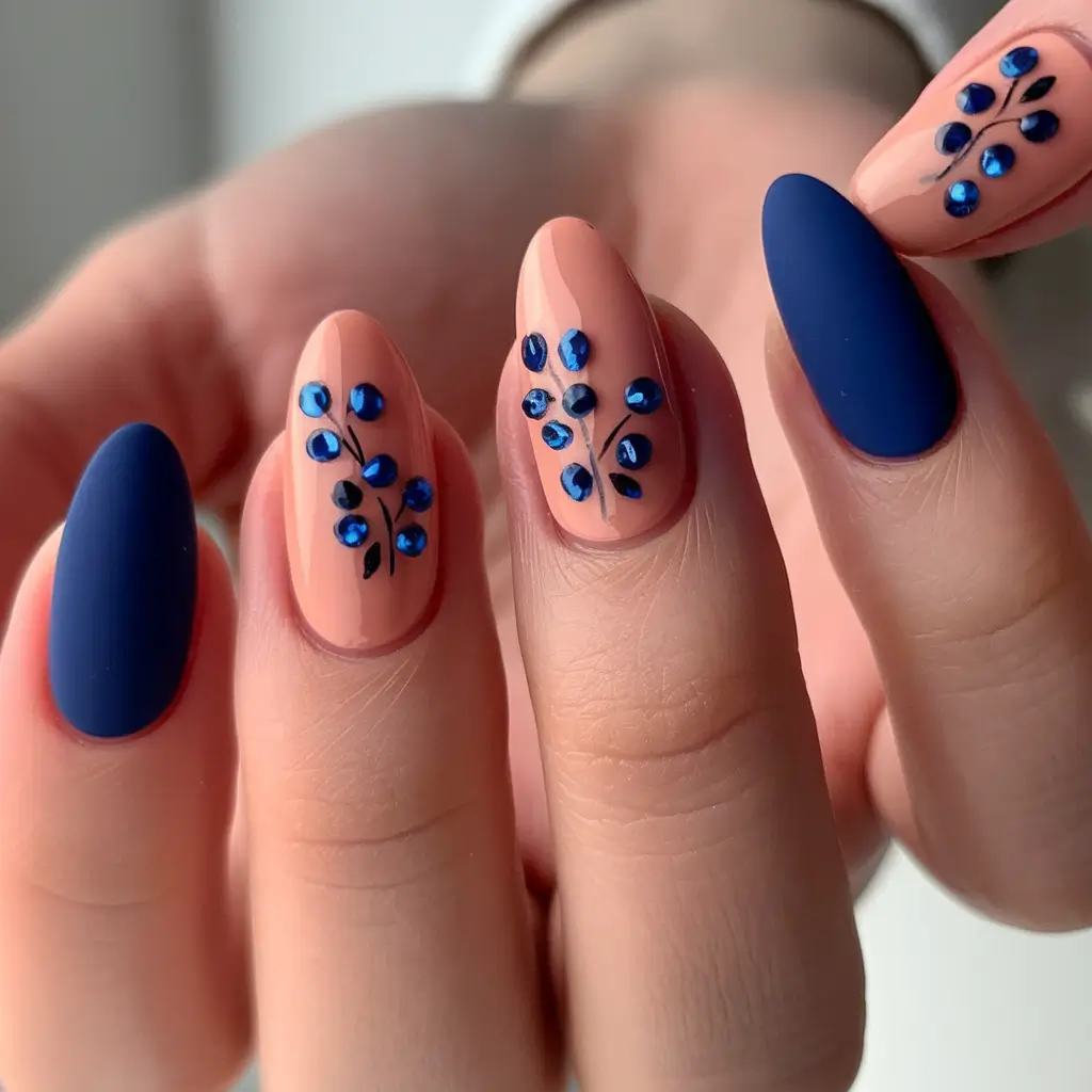 Trendy Round Fall Nails 2025 Midnight Berries with Navy Accents