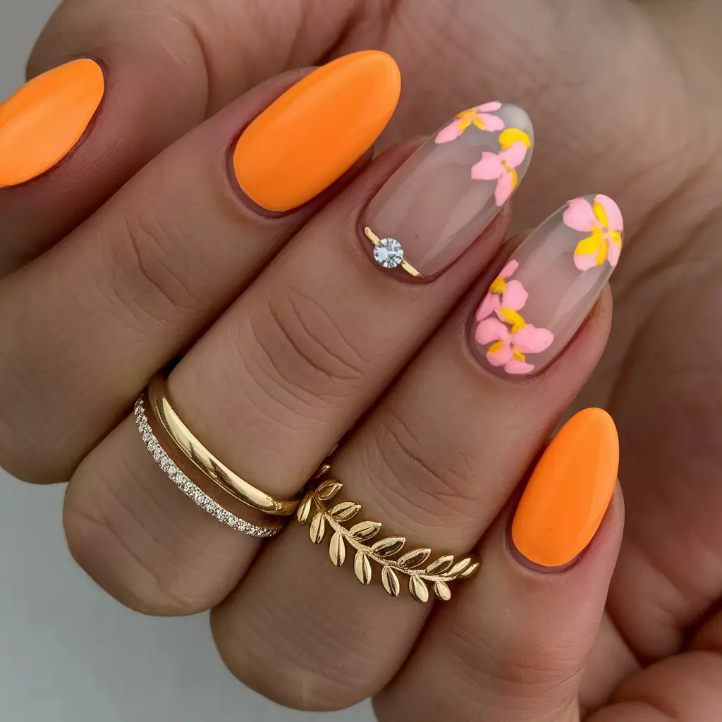 Trendy Round Fall Nails 2025 Citrus Bloom and Accent Charm