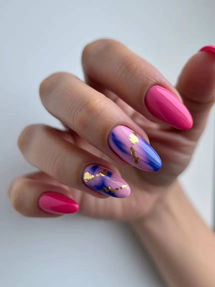 Trendy Round Fall Nails 2025 Pink and Cobalt Whirl with Gold Leaf Drama