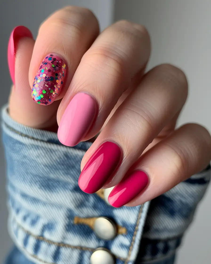 Trendy Round Fall Nails 2025 Party Pink Meets Glitter Pop