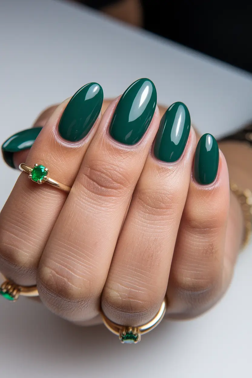 Trendy Round Fall Nails 2025 Emerald Evergreen Shine