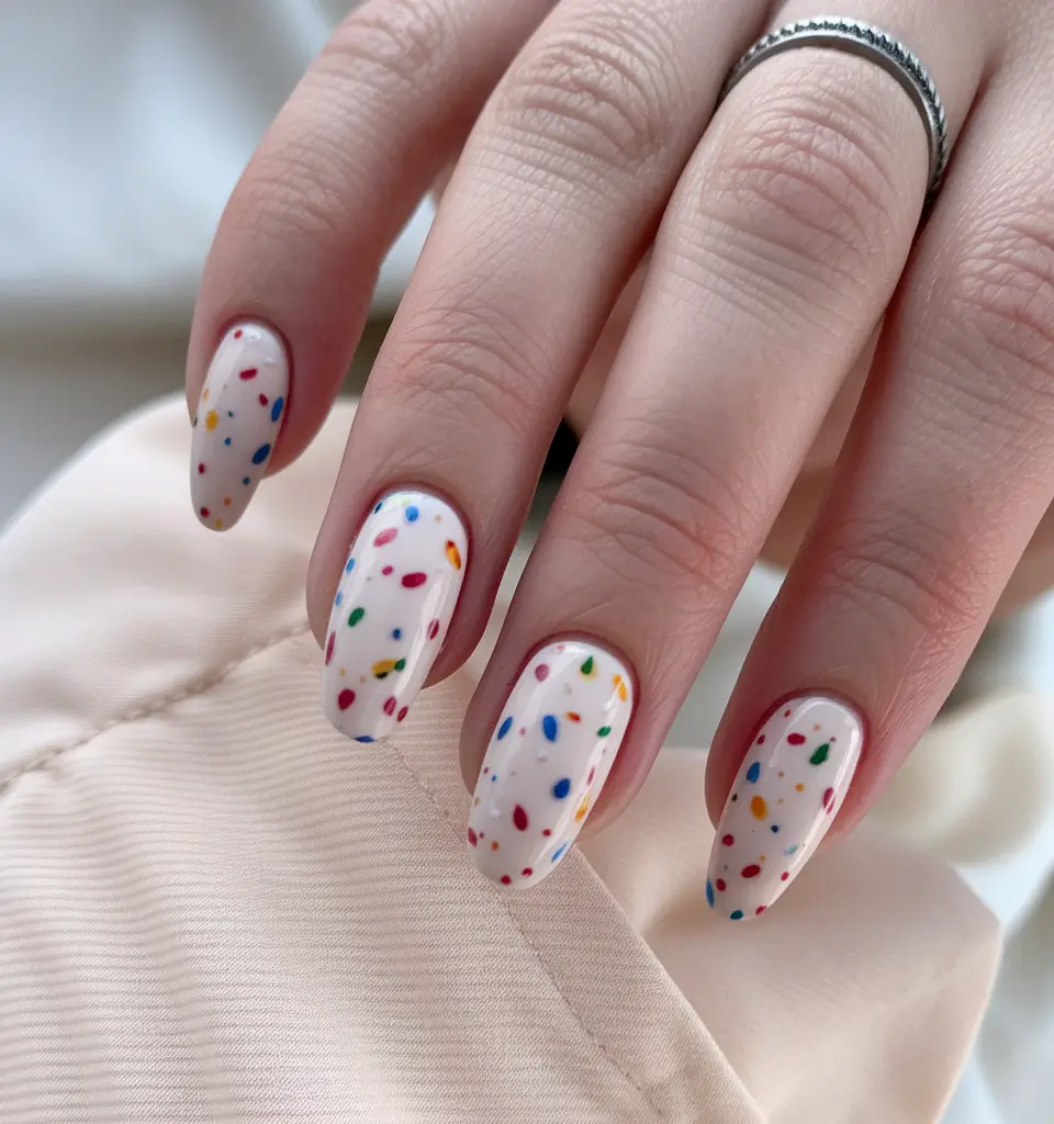 Trendy Round Fall Nails 2025 Confetti Chic on Creamy Base