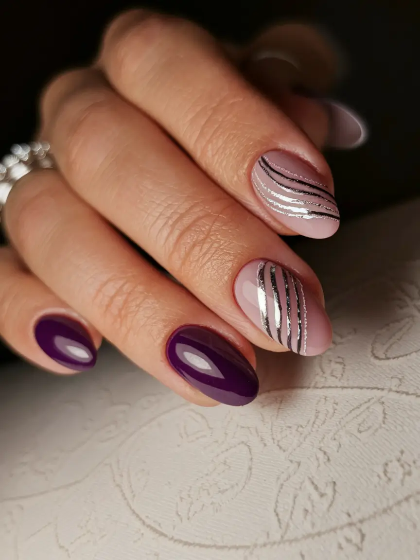 Trendy Simple Fall Nails Inspo 2025 Deep Plum and Metallic Wave Elegance
