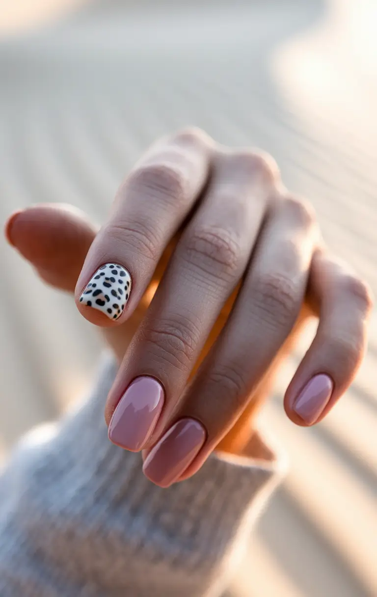Trendy Simple Fall Nails Inspo 2025 Soft Pink with Leopard Accent