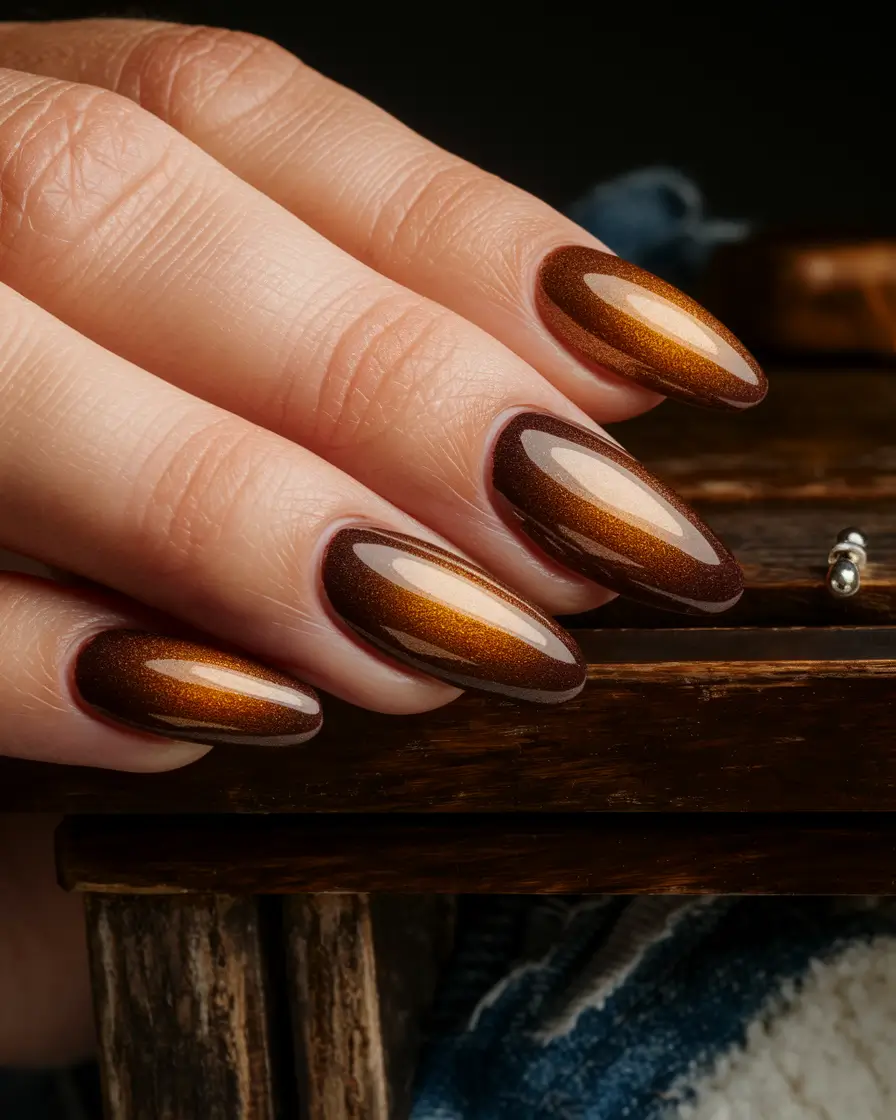 Trendy Simple Fall Nails Inspo 2025 Bronzed Cat-Eye Glow