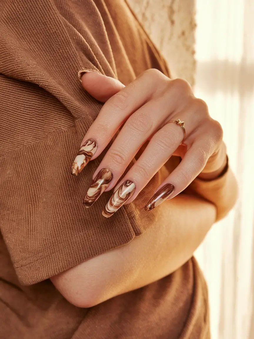 Trendy Simple Fall Nails Inspo 2025 Mocha Swirl Marble