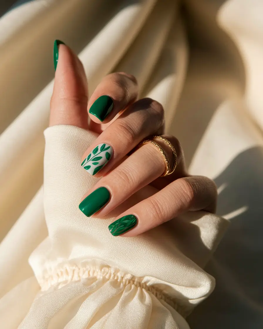 Trendy Simple Fall Nails Inspo 2025 Leafy Green Accent
