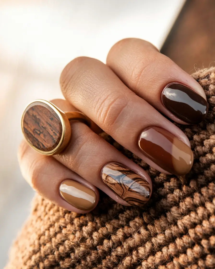 Trendy Simple Fall Nails Inspo 2025 Chocolate Marble Mix