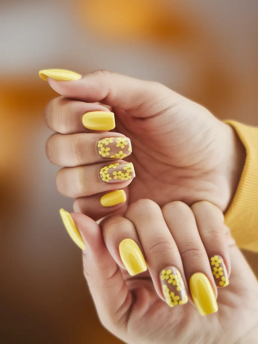 Trendy Simple Fall Nails Inspo 2025 Sunflower Yellow Florals