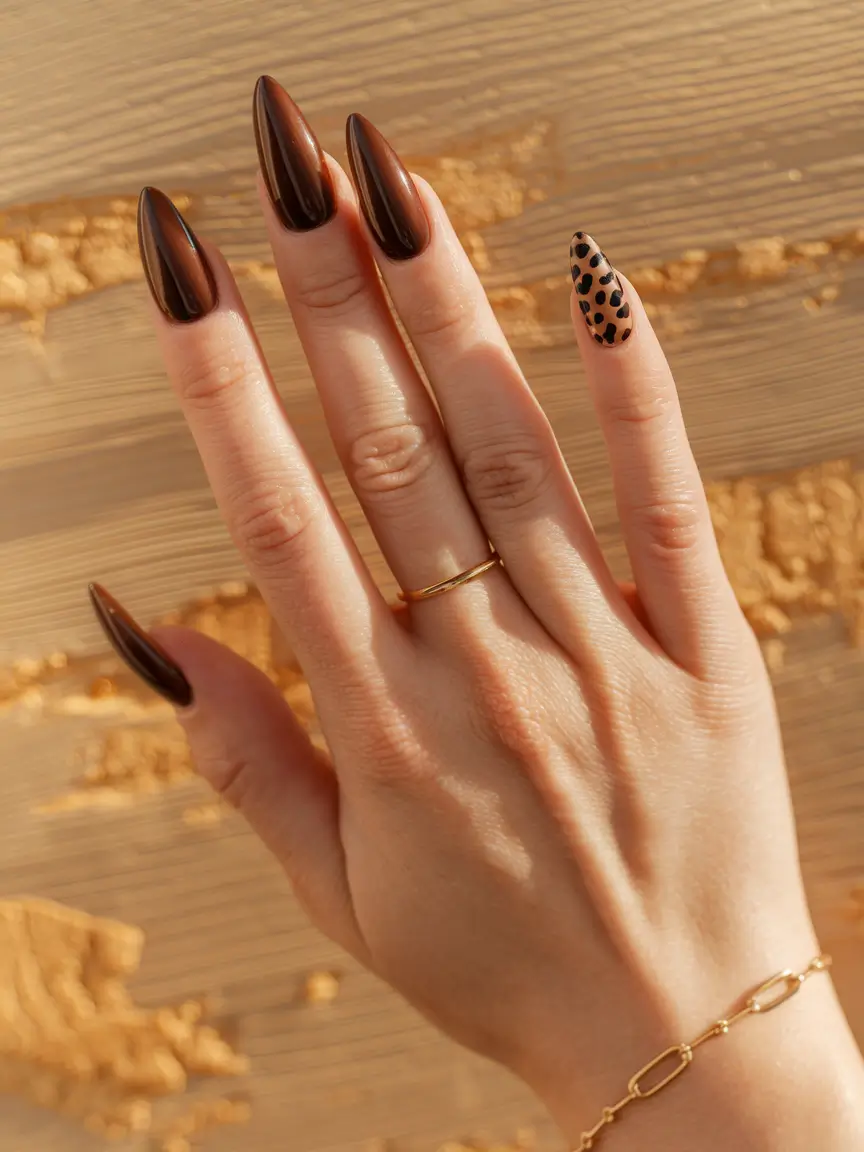 Trendy Simple Fall Nails Inspo 2025 Espresso Stiletto with Leopard Accent
