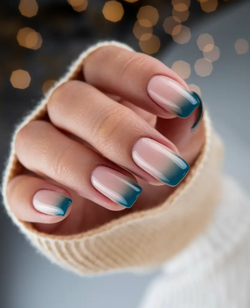 Trendy Simple Fall Nails Inspo 2025 Teal-Tipped Gradient French