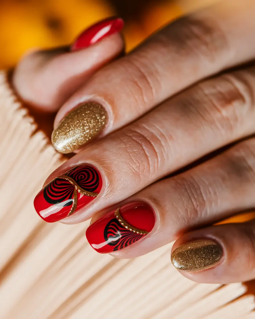 Trendy Simple Fall Nails Inspo 2025 Festive Red and Gold Accents