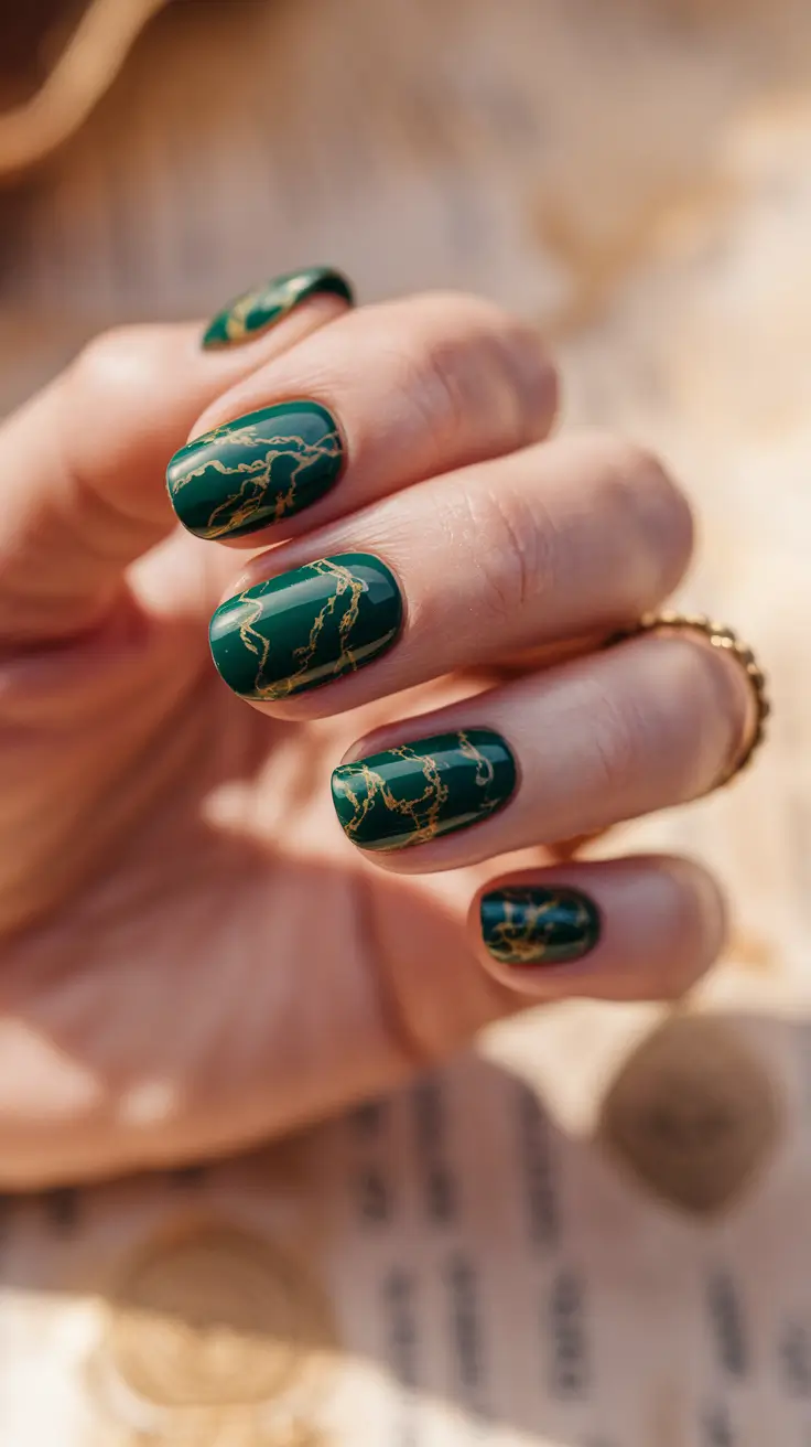Trendy Simple Fall Nails Inspo 2025 Emerald Marble Luxe