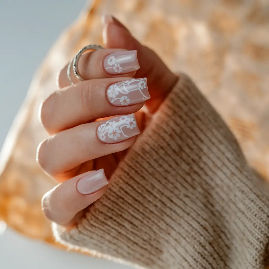 Trendy Simple Fall Nails Inspo 2025 Sheer Pink with Floral White Art