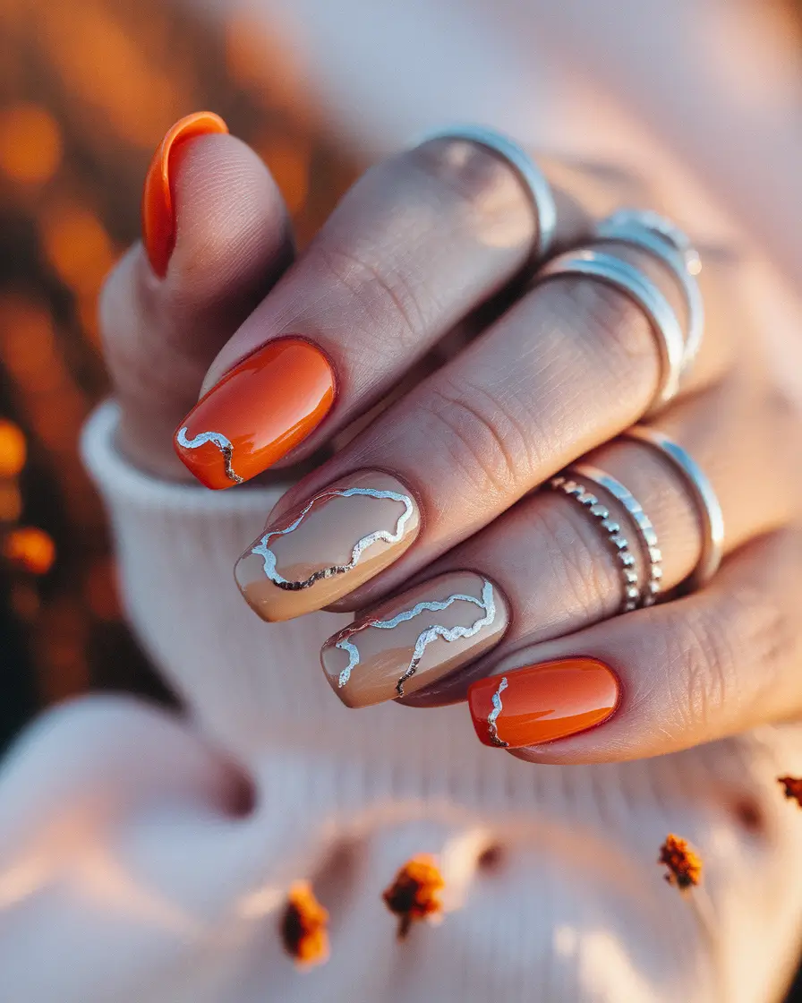 Trendy Simple Fall Nails Inspo 2025 Burnt Orange with Silver Veining