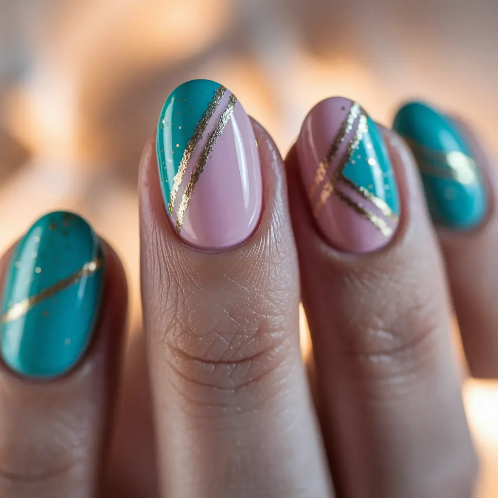 Trendy Simple Fall Nails Inspo 2025 Teal and Pink with Golden Stripes