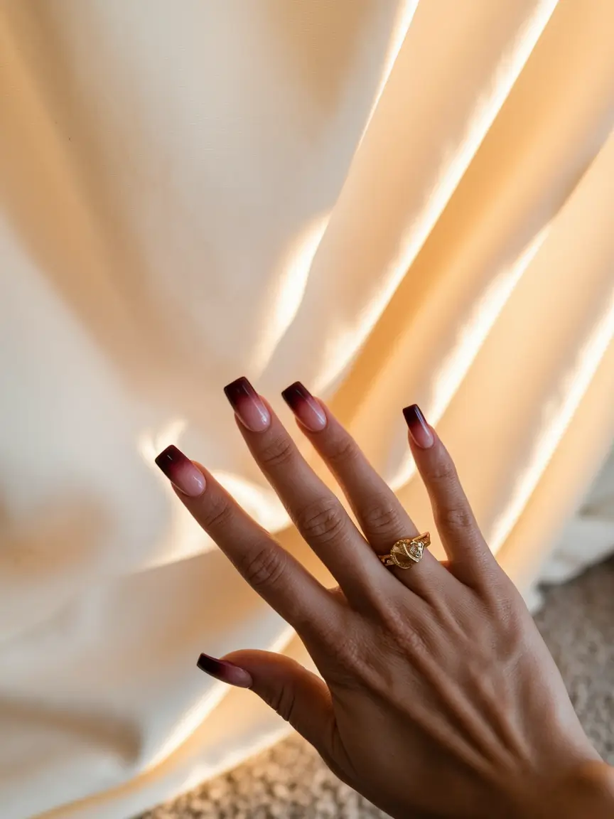 Trendy Square Nails for Fall 2025 Chic Burgundy Ombre Fade