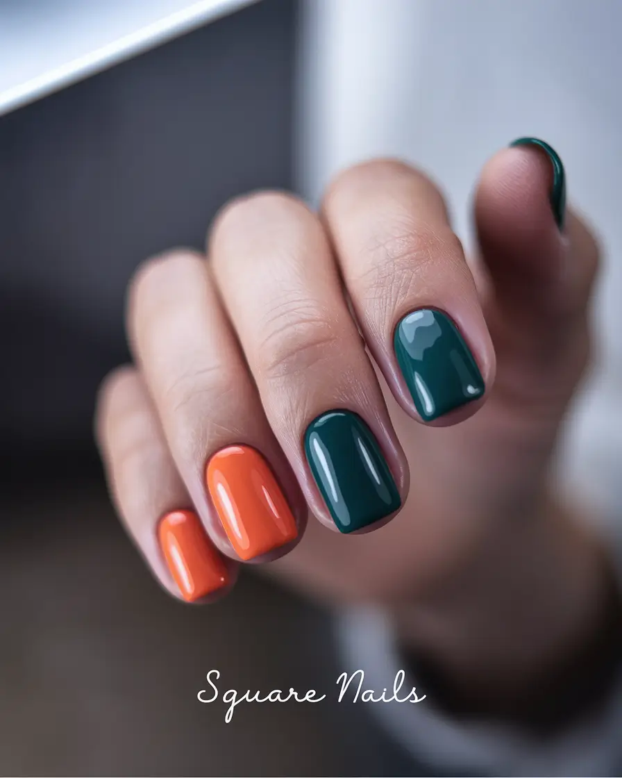 Trendy Square Nails for Fall 2025 Glossy Forest & Pumpkin Punch
