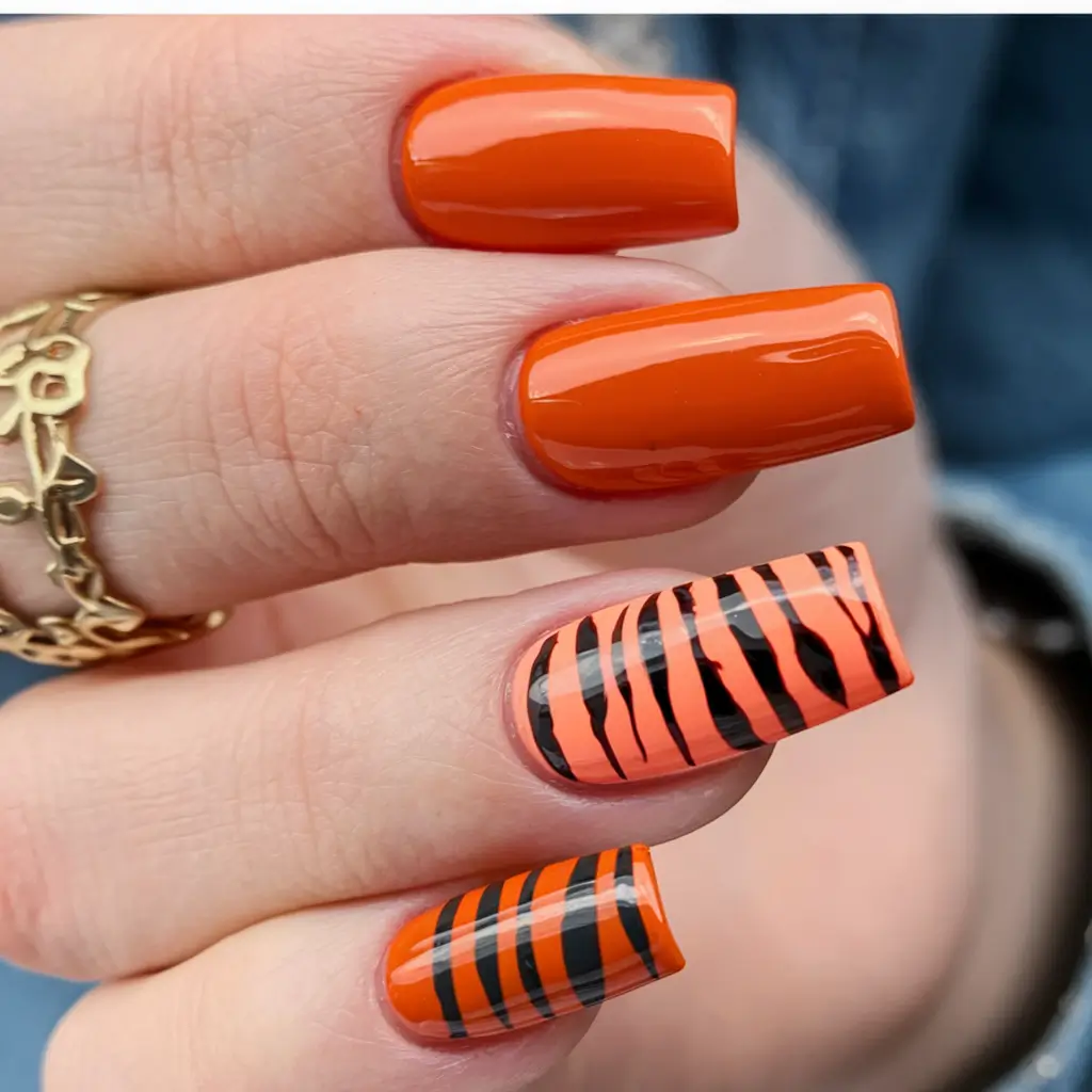 Trendy Square Nails for Fall 2025 Glossy Tiger Stripes & Tangerine
