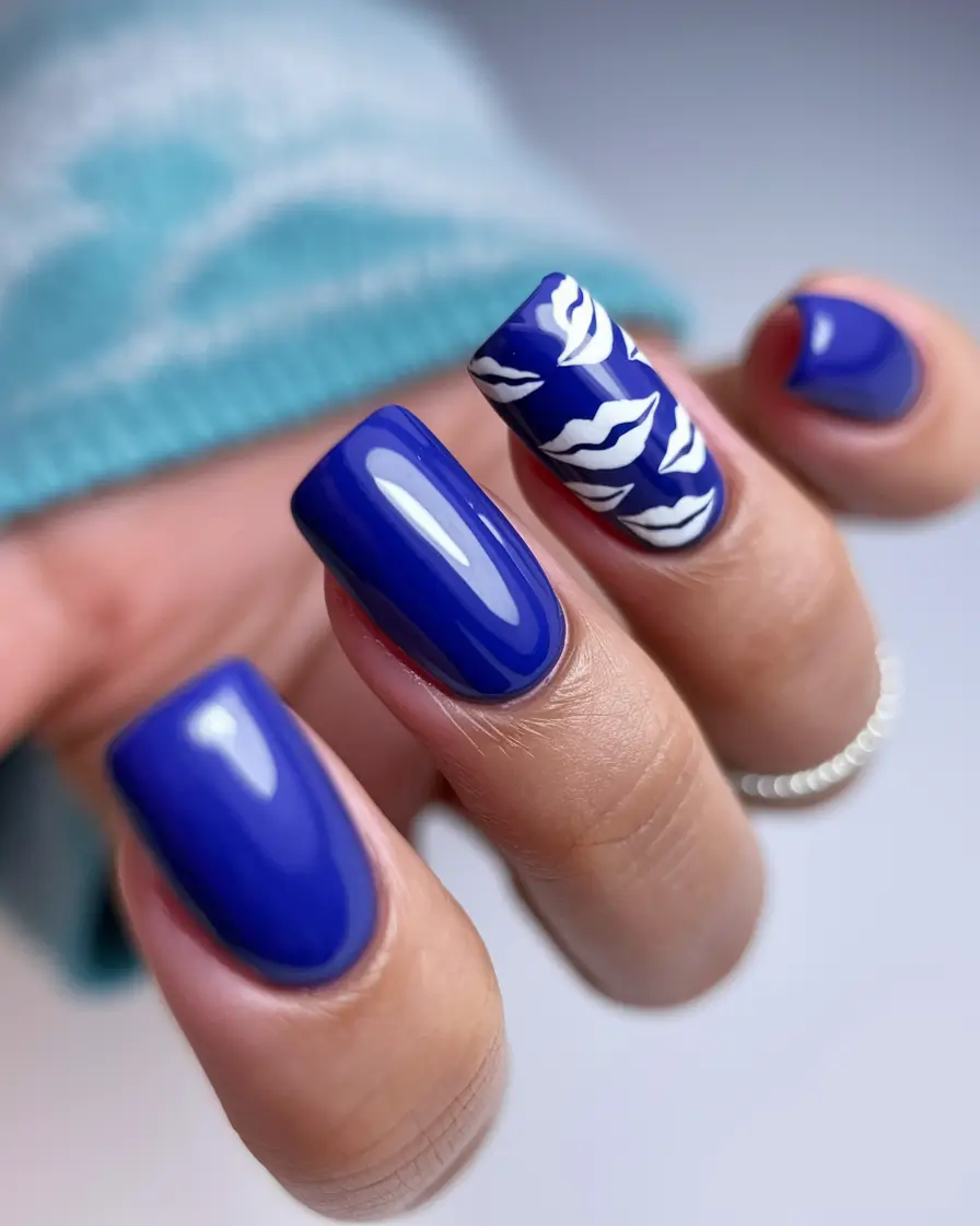 Trendy Square Nails for Fall 2025 Blueberry Bold with Abstract White