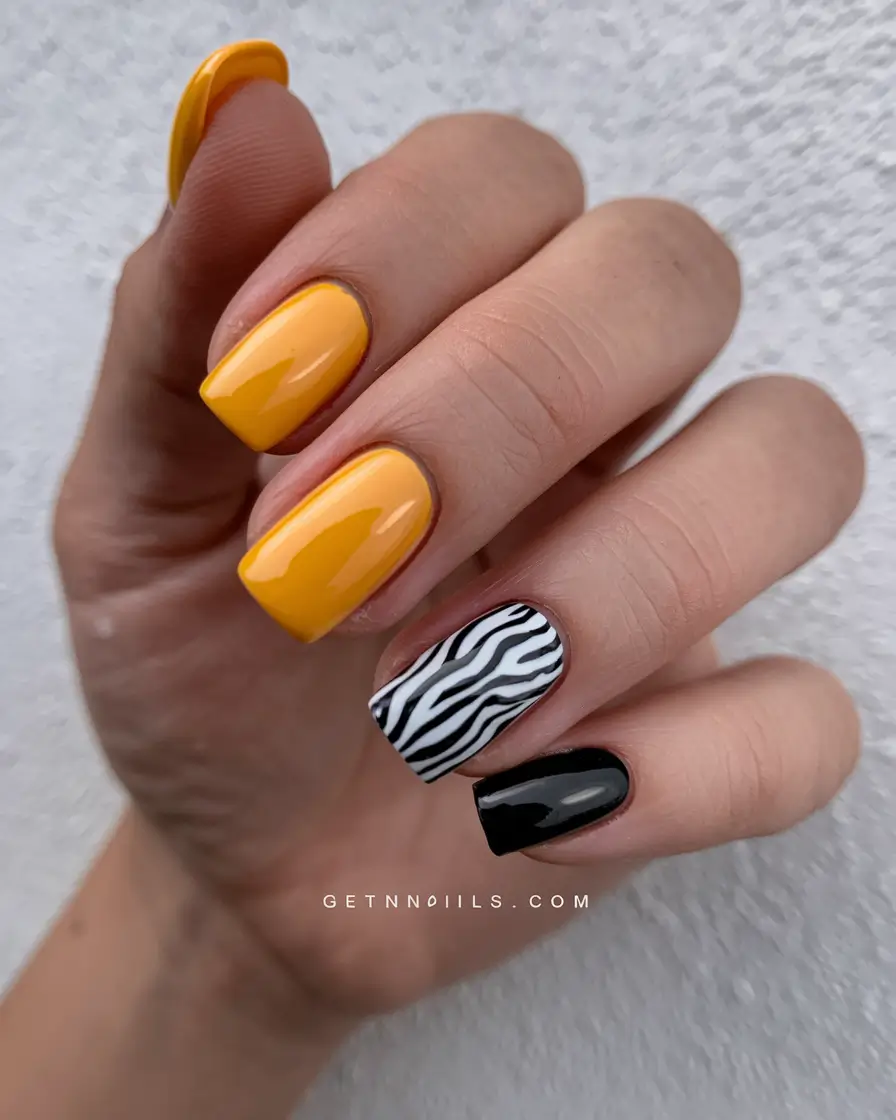 Trendy Square Nails for Fall 2025 Zebra Pop Meets Yellow & Black