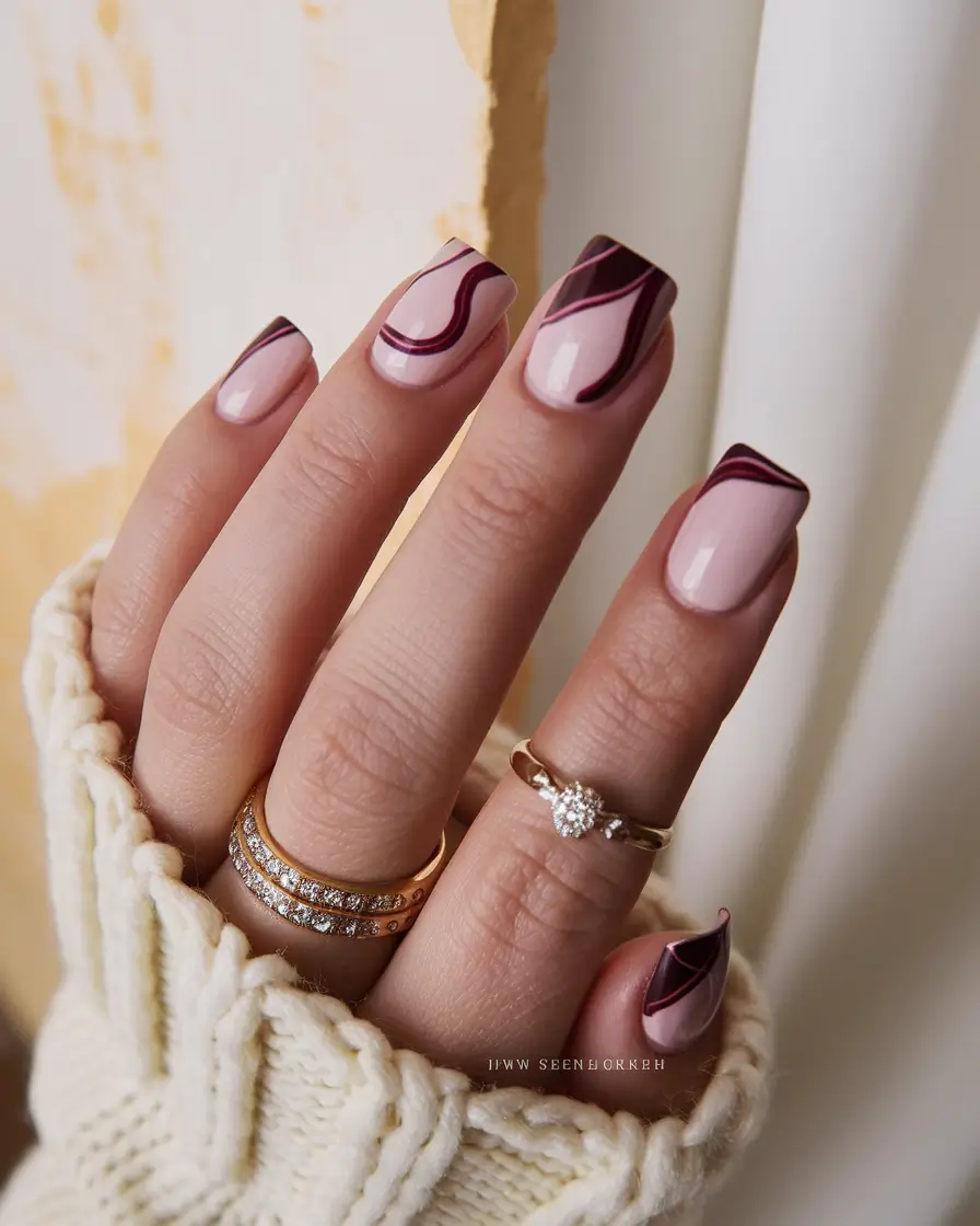 Trendy Square Nails for Fall 2025 Graphic Burgundy Swirls