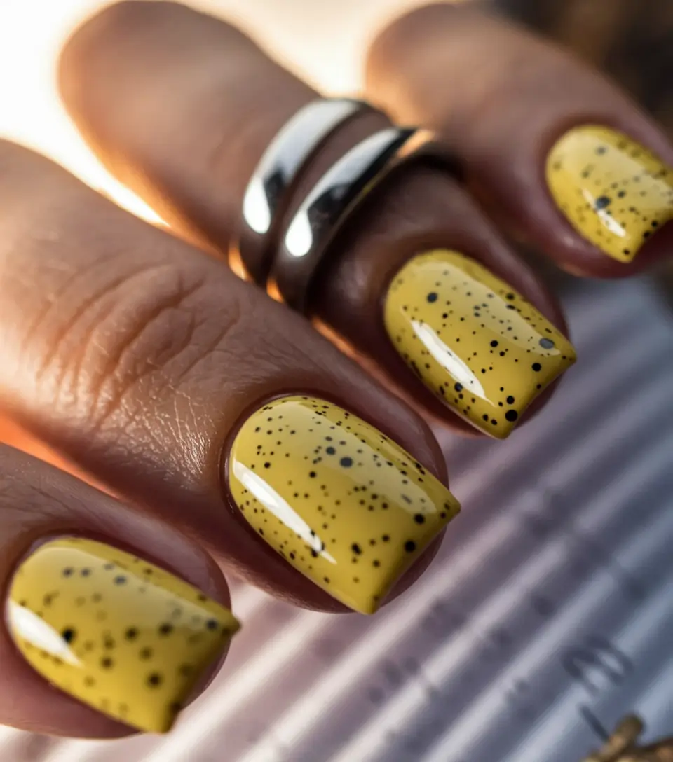 Trendy Square Nails for Fall 2025 Speckled Mustard Quirky Vibes