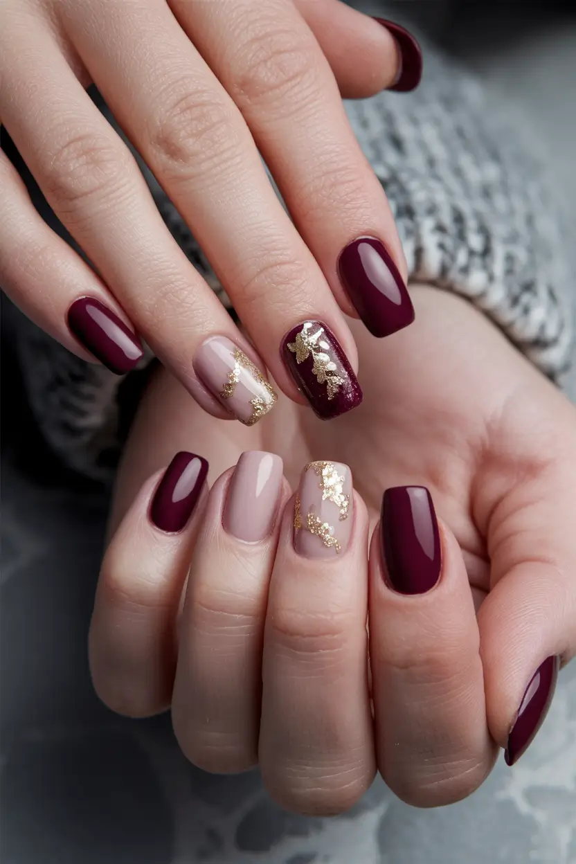 Trendy Square Nails for Fall 2025 Maroon & Gold Leaf Accents