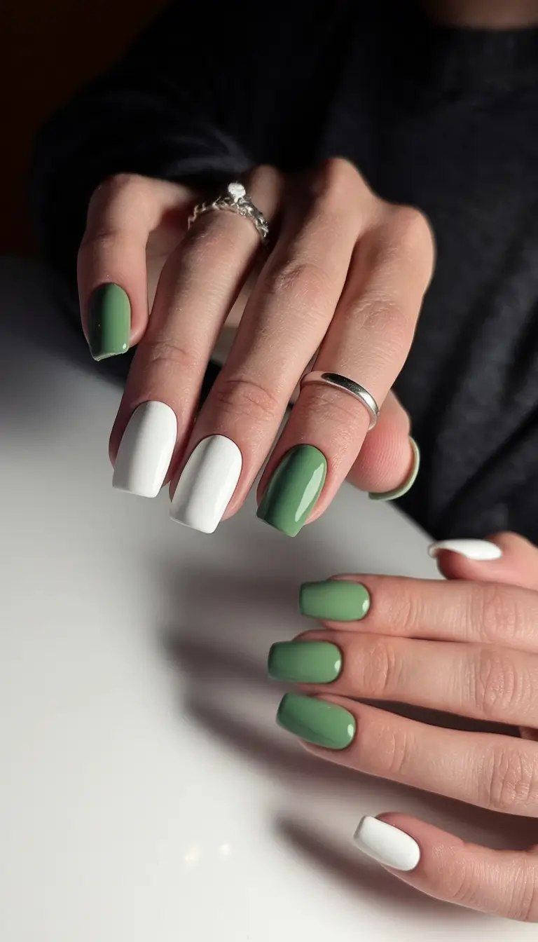 Trendy Square Nails for Fall 2025 Matte Olive & White Color Block