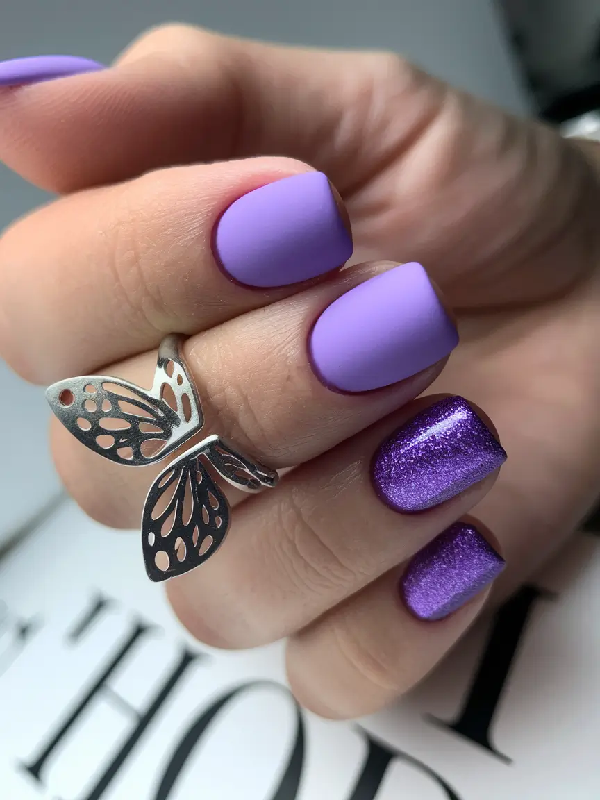 Trendy Square Nails for Fall 2025 Matte & Metallic Lavender Mix
