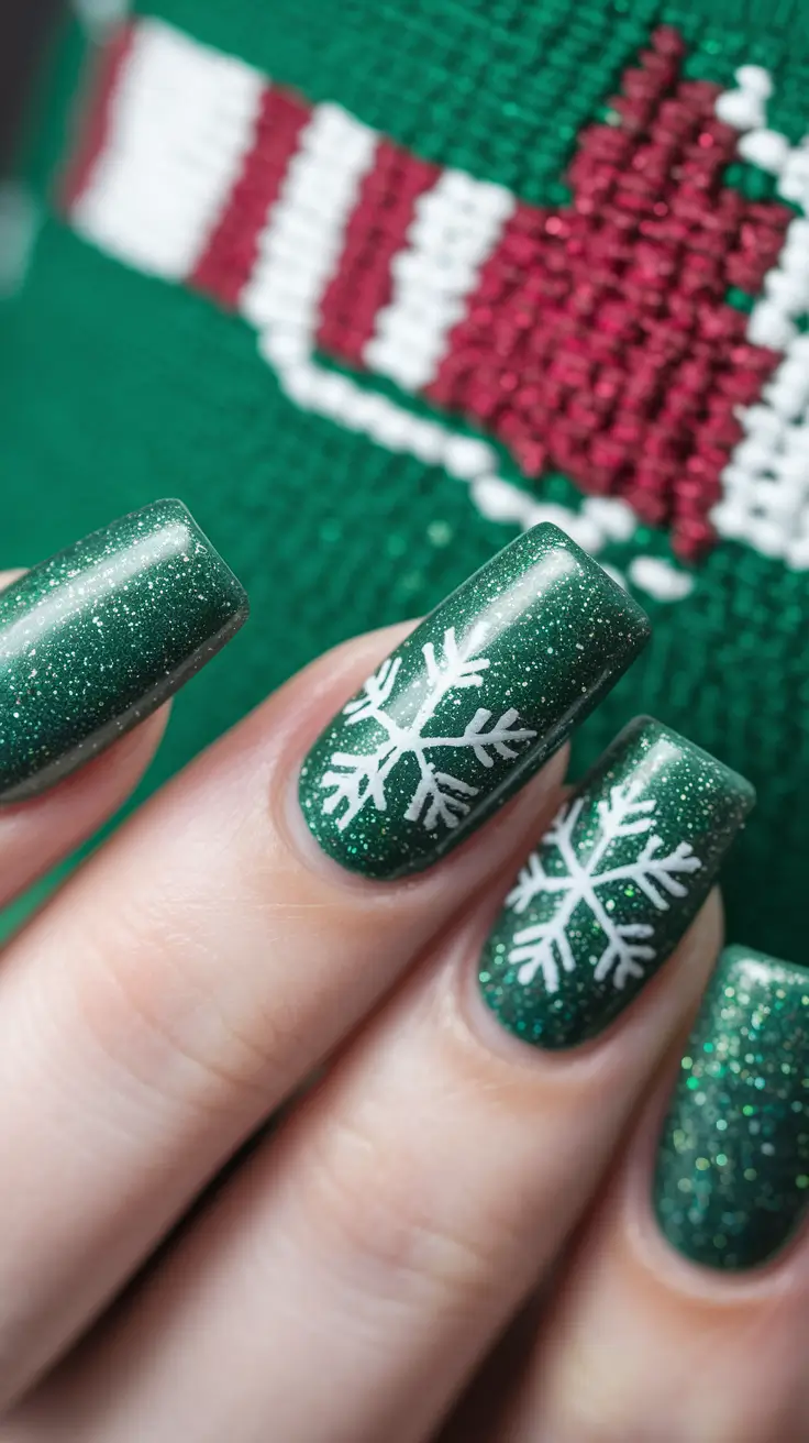 Best Winter Nail Colors 2025-2026 Holiday Green with Snowflakes