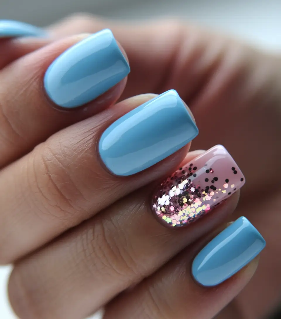 Best Winter Nail Colors 2025-2026 Frosty Blue with Glitter Accent