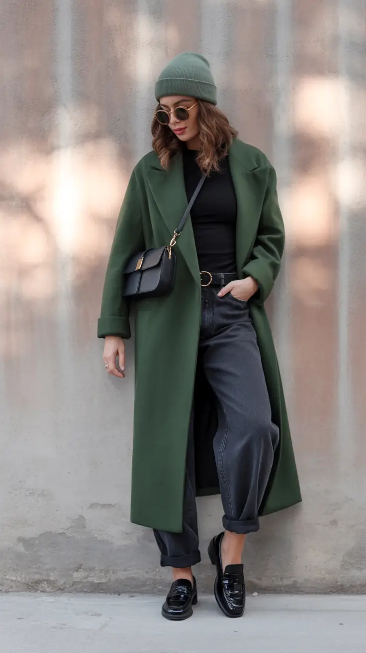 Casual Winter Outfits for Women 2025 - 2026 Green Coat Confidence