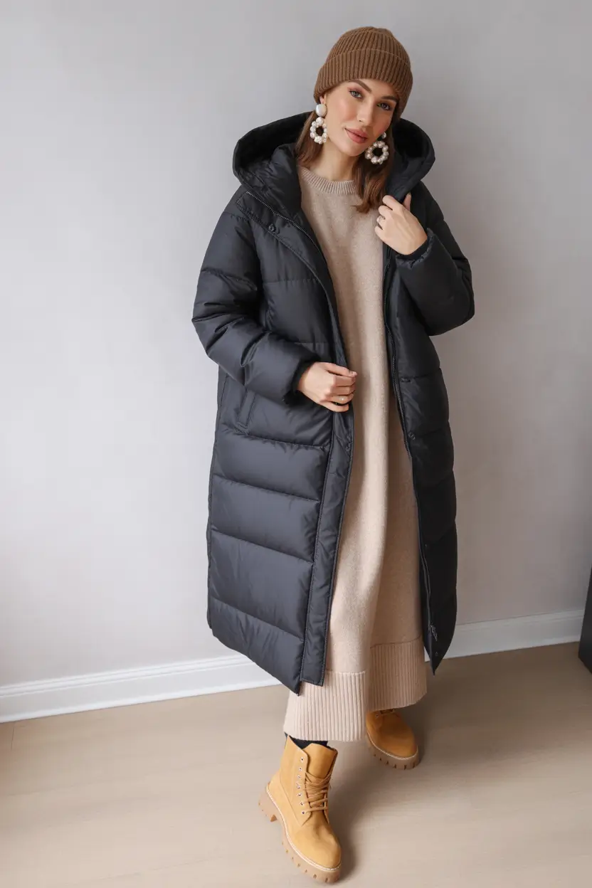 Classy Winter Outfits 2025 - 2026 New Ideas Cozy Puffer with Knit Dress Comfort