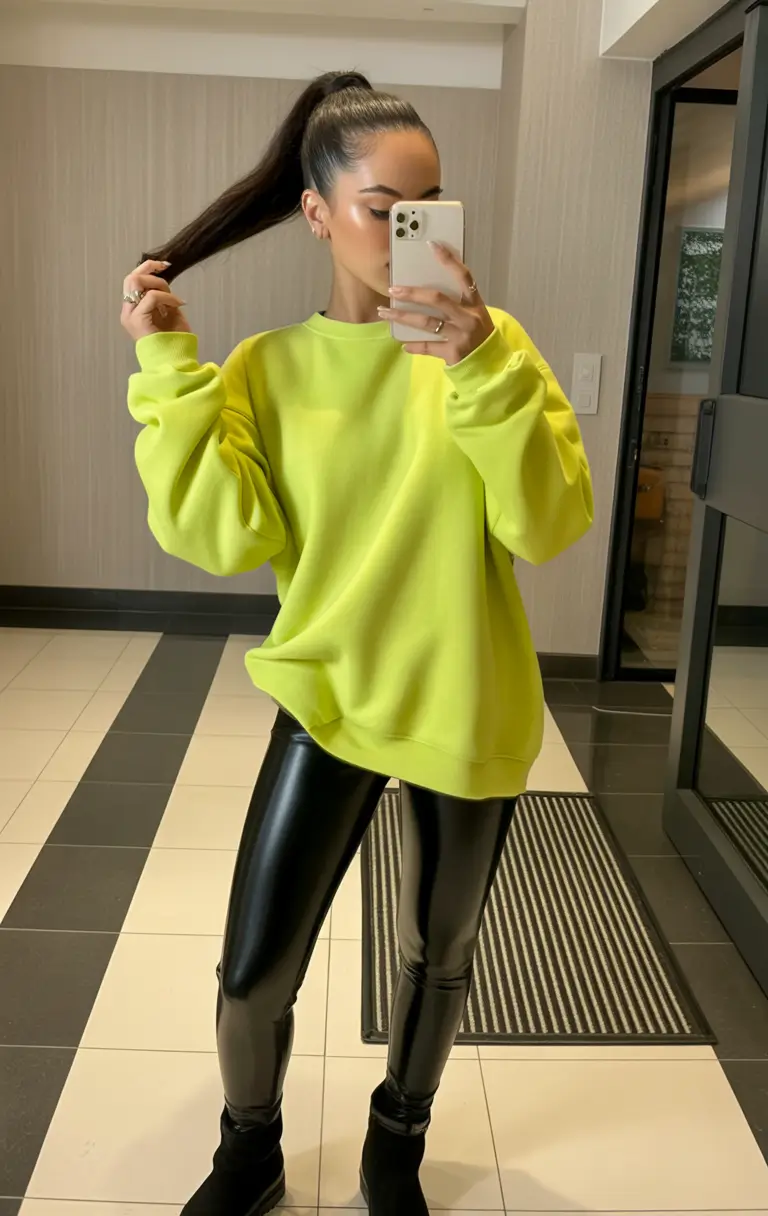 Classy Winter Outfits 2025 - 2026 New Ideas Neon Sweatshirt with Leather Edge