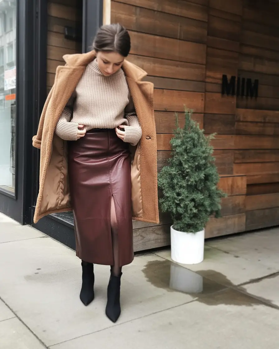 Classy Winter Outfits 2025 - 2026 New Ideas Textured Neutrals with Leather Skirt
