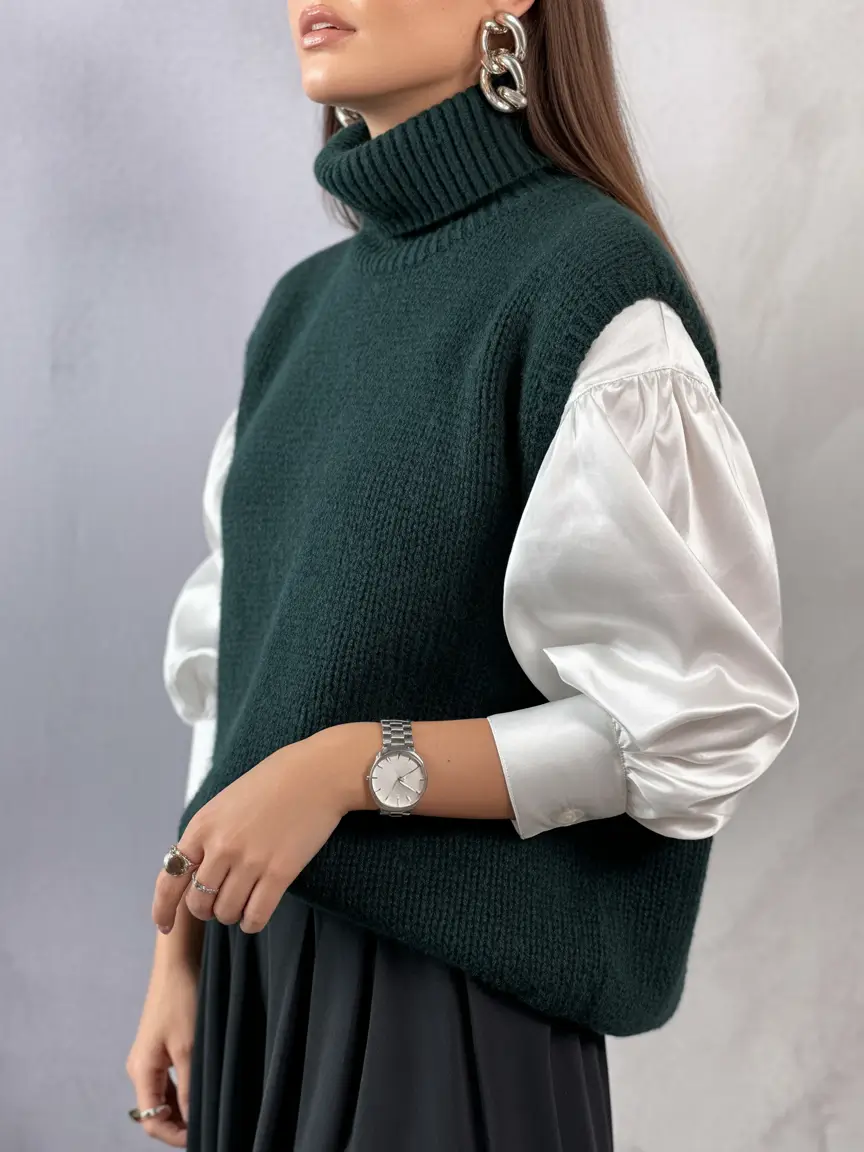 Classy Winter Outfits 2025 - 2026 New Ideas Structured Knit Vest with Satin Contrast