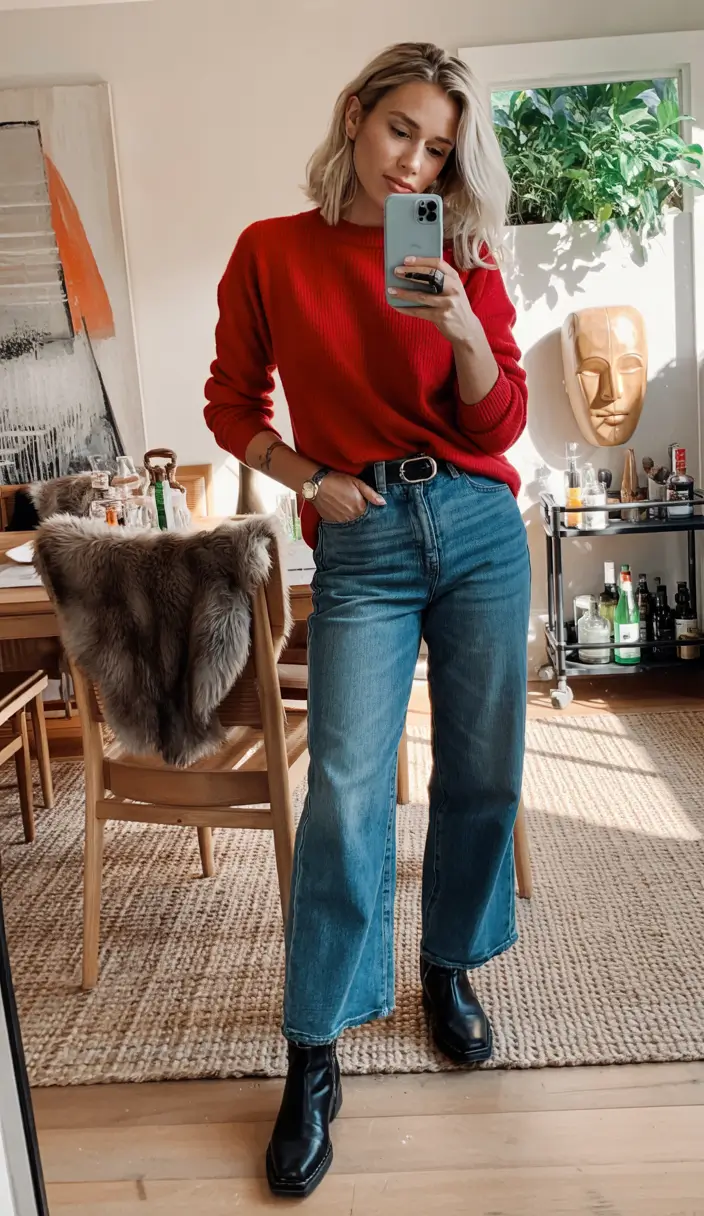 Early Outfits for Winter 2025 Effortless Red and Denim Combo