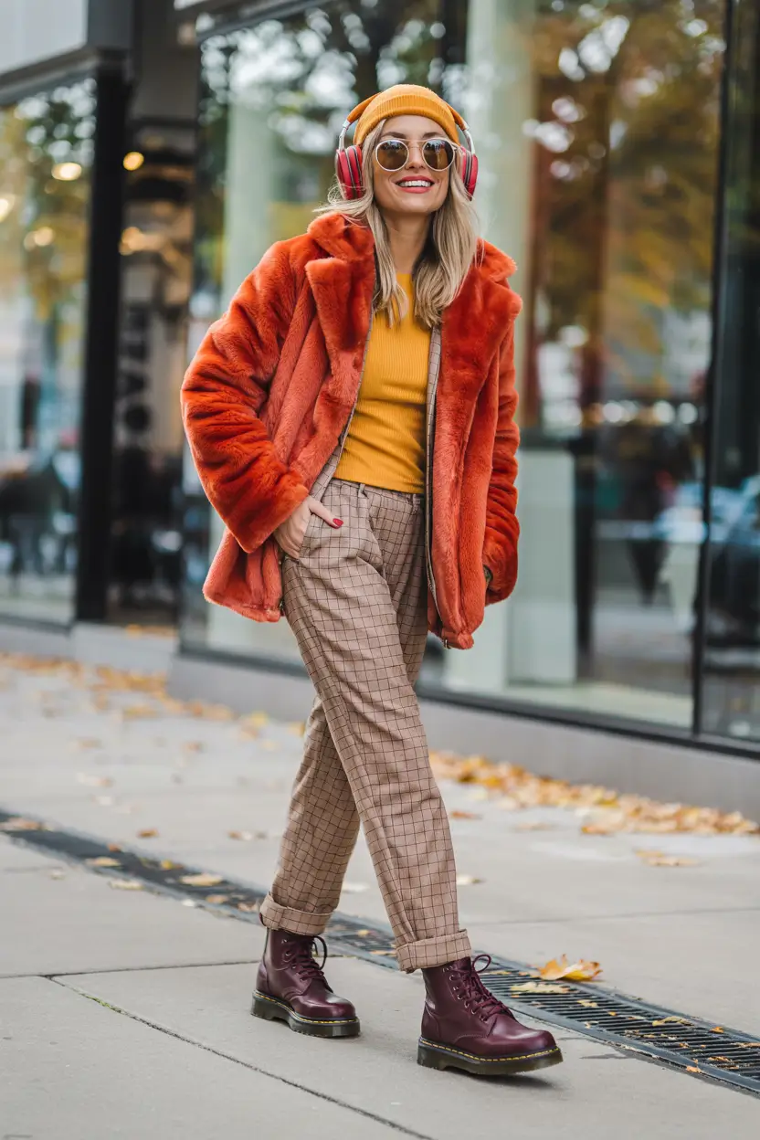 fall to winter outfits ideas 2025 Playful Orange Faux Fur and Plaids